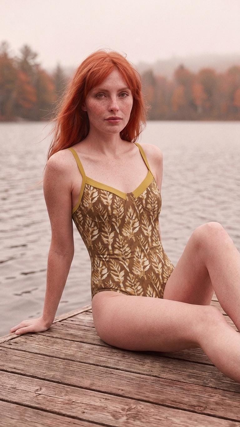Retro Romantic Push-Up One-Piece Swimsuit, Lace-Up Back, Boho Faux-Batik Autumn Lake House Foliage