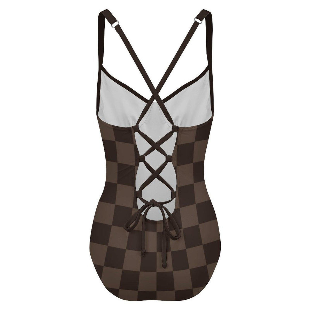 Retro Romantic Autumn Lake House Push-Up One-Piece Swimsuit, Lace-Up Back, Espresso Checkerboard