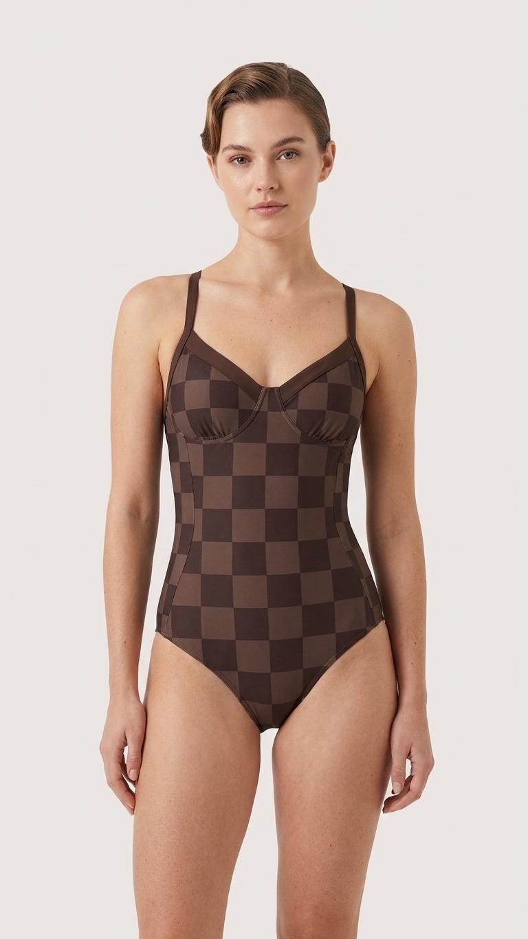 Retro Romantic Autumn Lake House Push-Up One-Piece Swimsuit, Lace-Up Back, Espresso Checkerboard