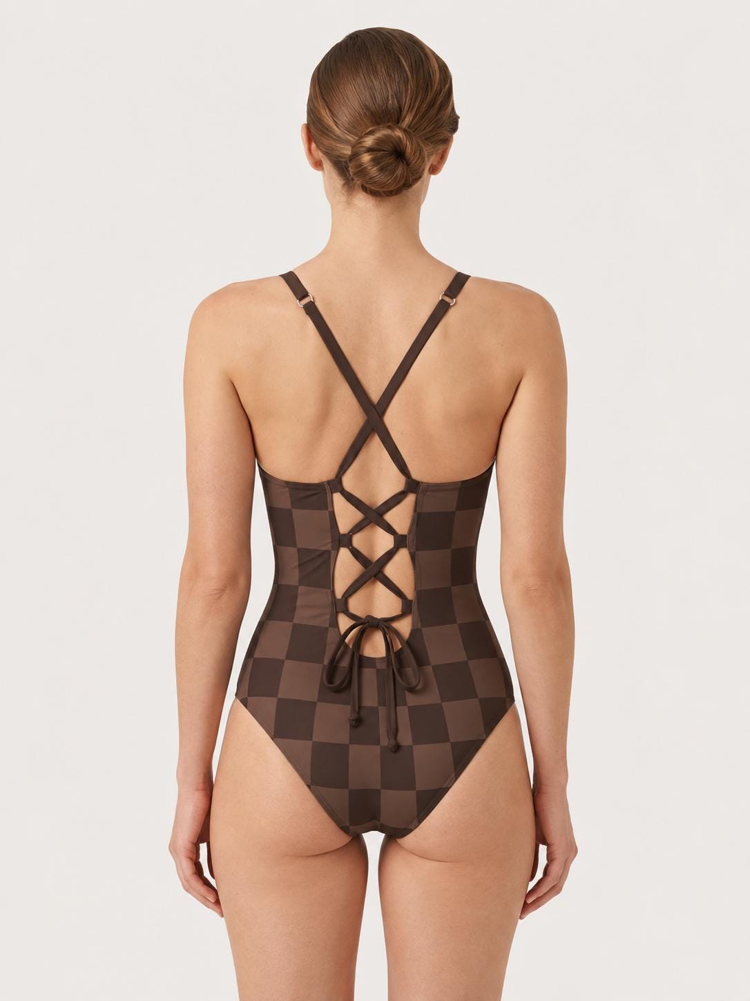 Retro Romantic Autumn Lake House Push-Up One-Piece Swimsuit, Lace-Up Back, Espresso Checkerboard