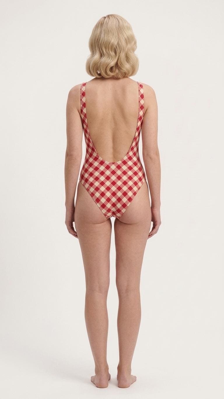 Classic Gingham Checks Backless One-Piece Swimsuit | High-Cut, Scoop-Neck Swimwear