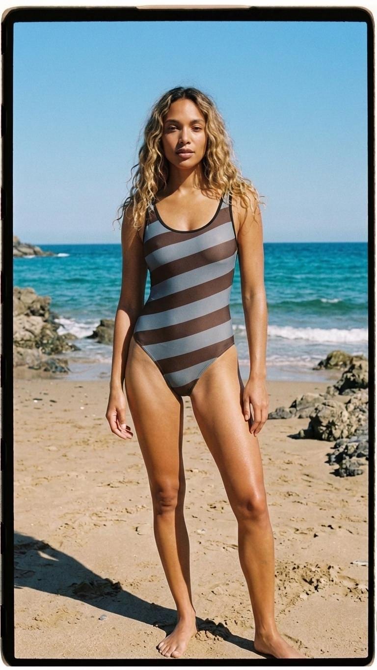 Striped Tank-Style Swimsuit – Retro Sporty One-Piece – Black Trim, Active Fit – Wine & Blue