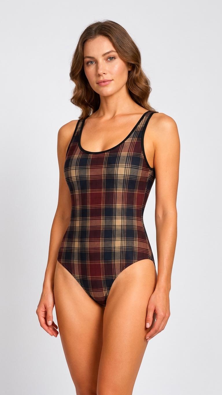 Dark Academia Rustic-Chic Retro One-Piece Swimsuit - Cottagecore Tank-Style Active Bathing Suit - Antique Tartan Print