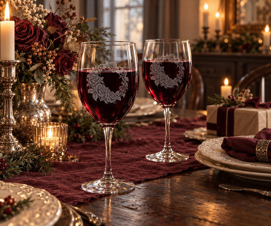 Personalised Engraved Lace & Roses Wine Glasses Set, Gothic Romantic Glassware Gift (Set of 2)