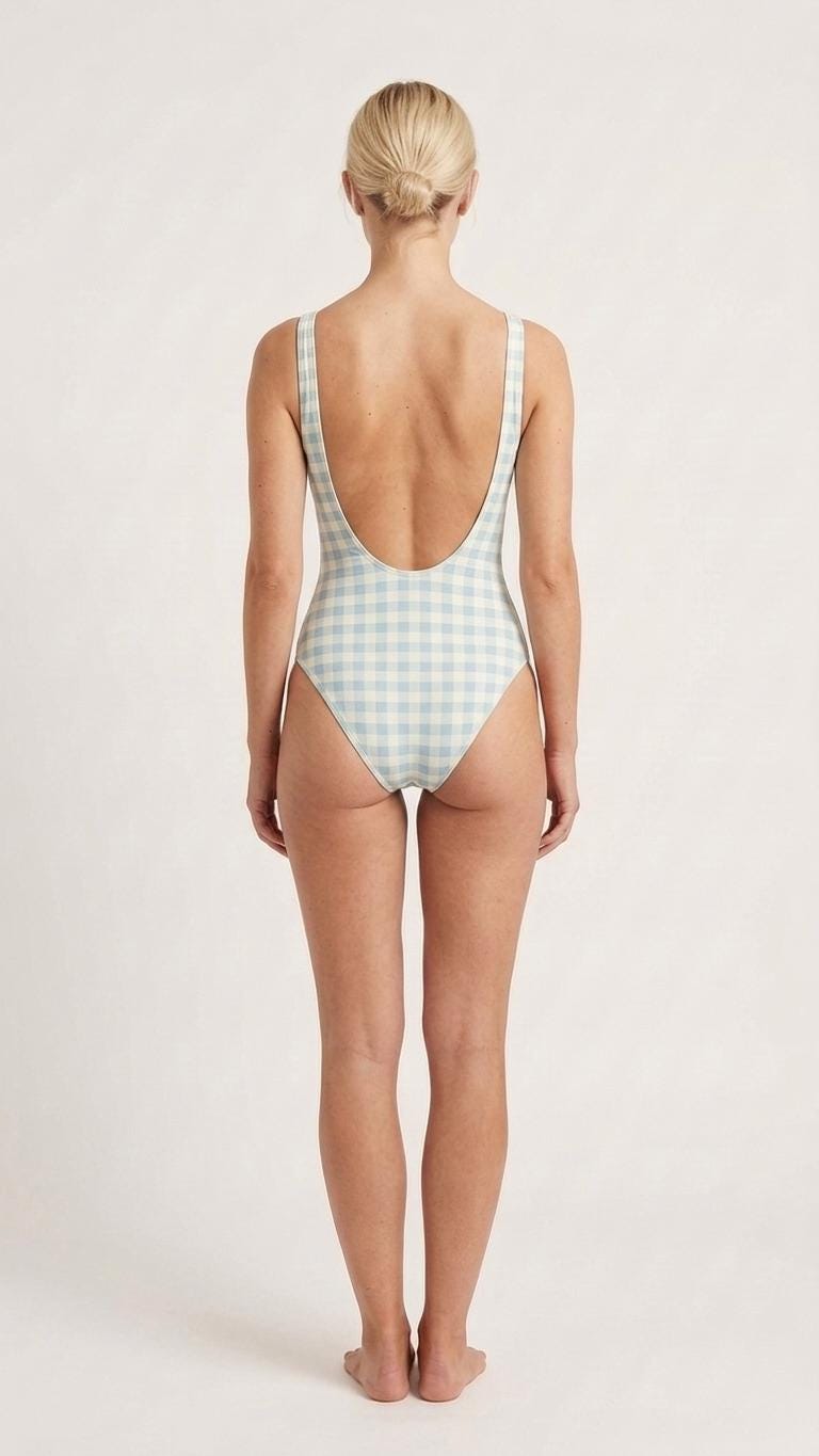 Classic Gingham Checks Backless One-Piece Swimsuit | High-Cut, Scoop-Neck Swimwear | Light Blue