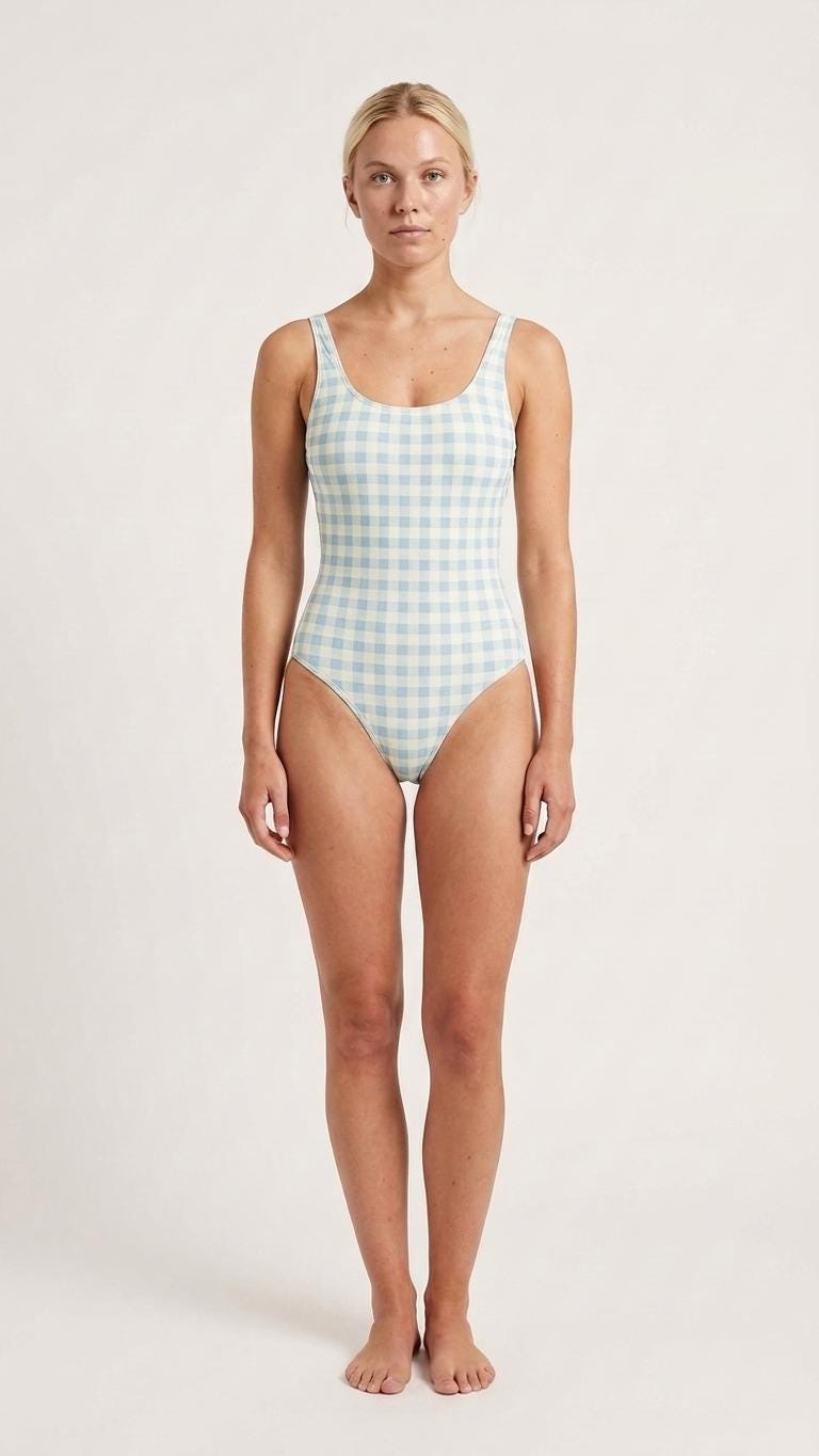 Classic Gingham Checks Backless One-Piece Swimsuit | High-Cut, Scoop-Neck Swimwear | Light Blue
