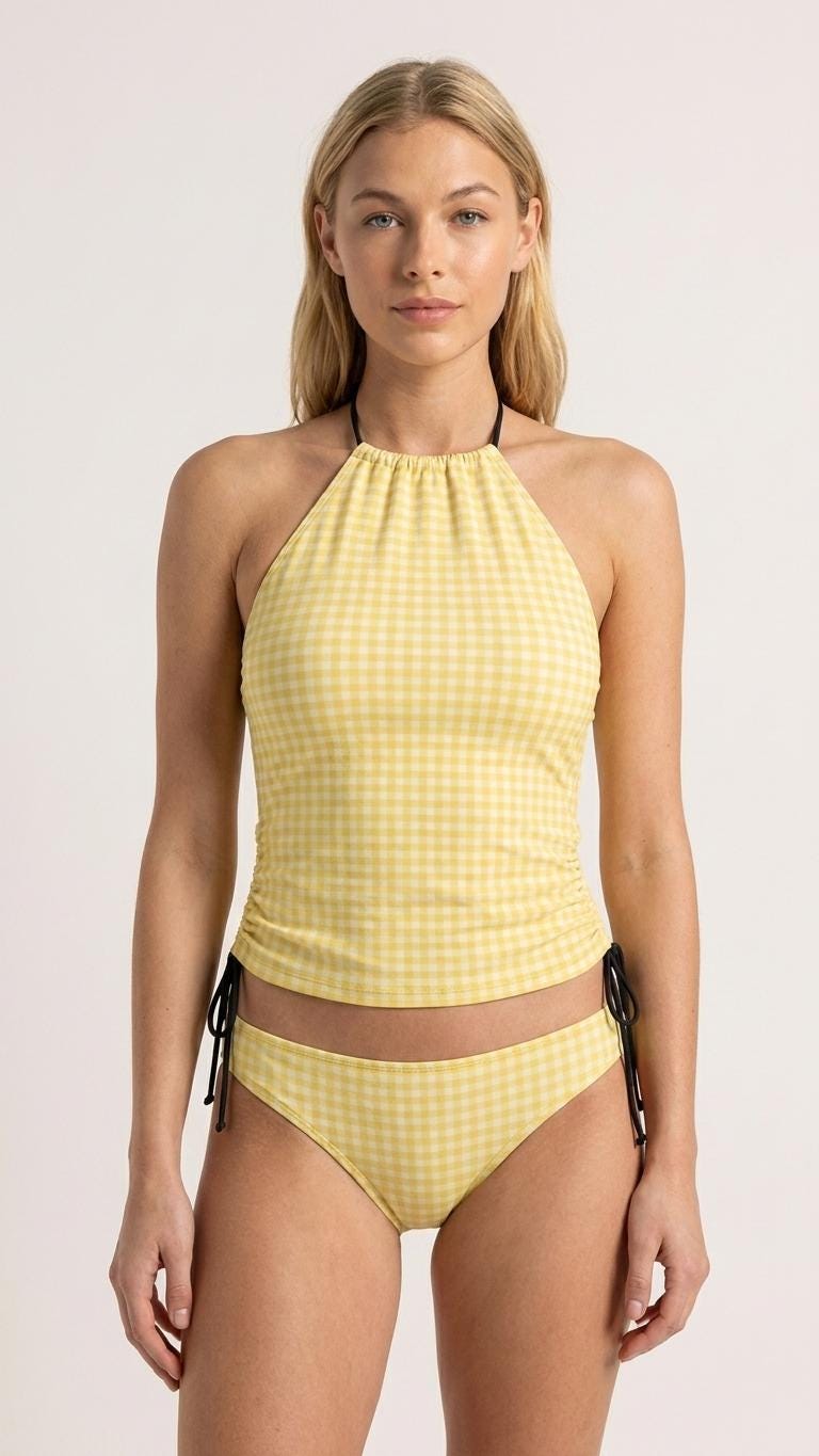 Halter Checkered Tankini – Yellow Two-Piece Cottagecore Swimsuit – Side Drawstrings, Flattering & Comfortable – Full Gingham