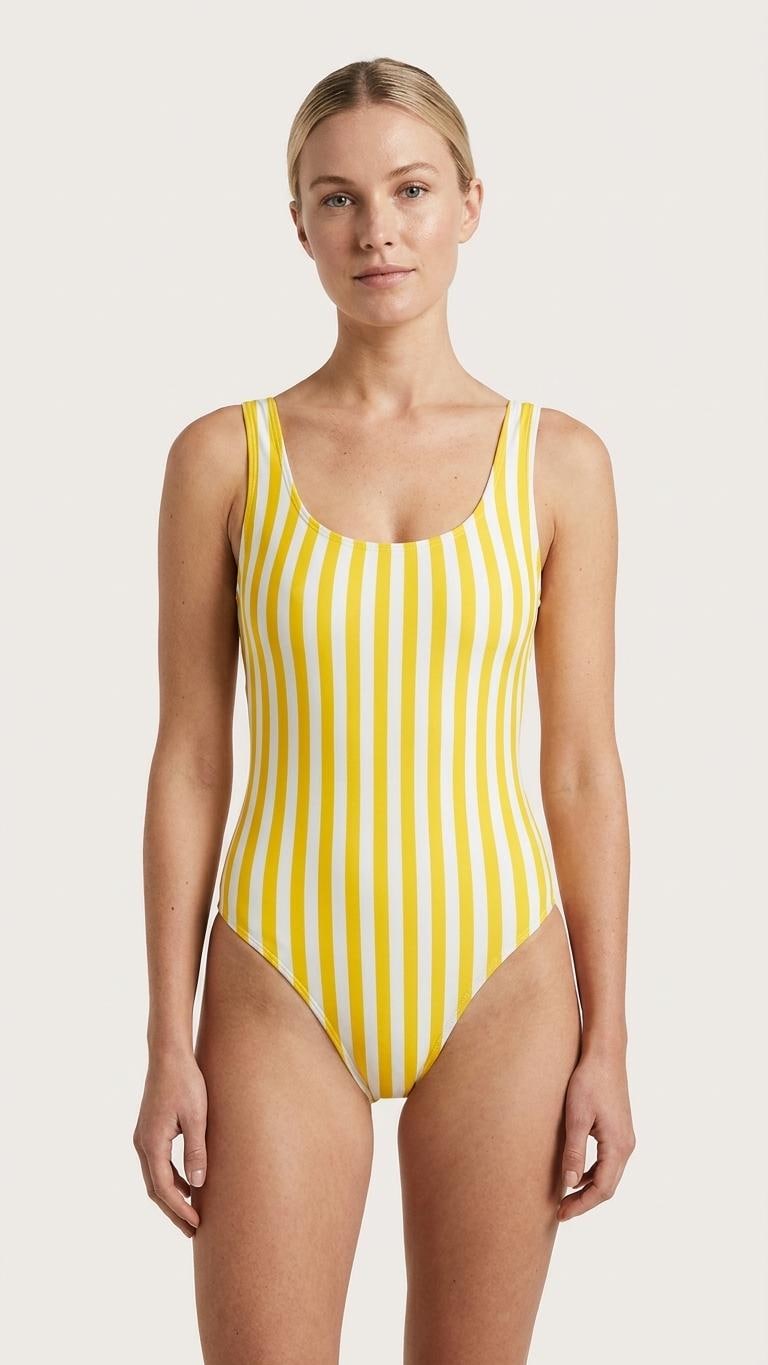 Nautical Coastal Striped Backless One-Piece Swimsuit | High-Cut, Scoop-Neck Swimwear | Yellow