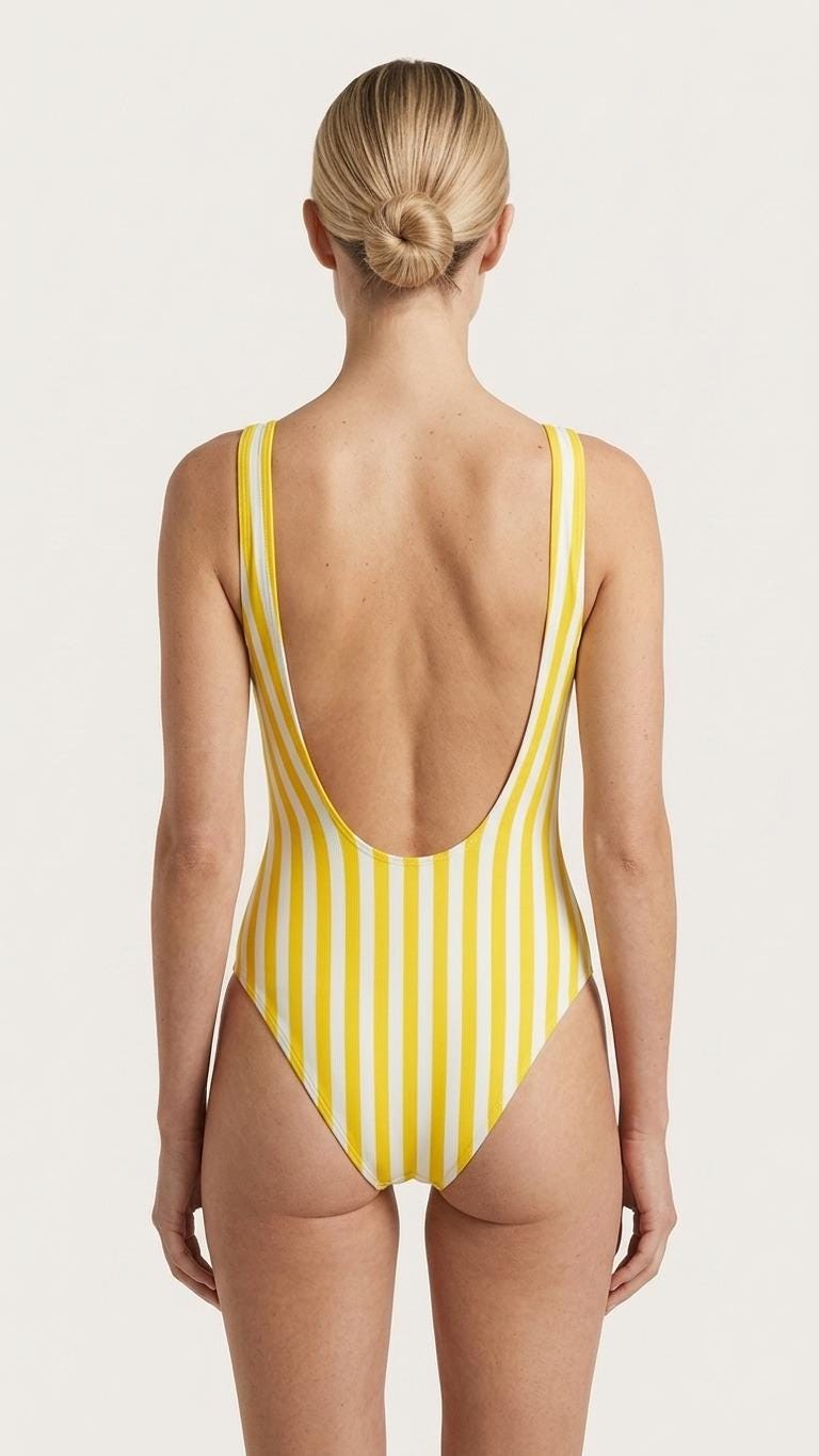 Nautical Coastal Striped Backless One-Piece Swimsuit | High-Cut, Scoop-Neck Swimwear | Yellow