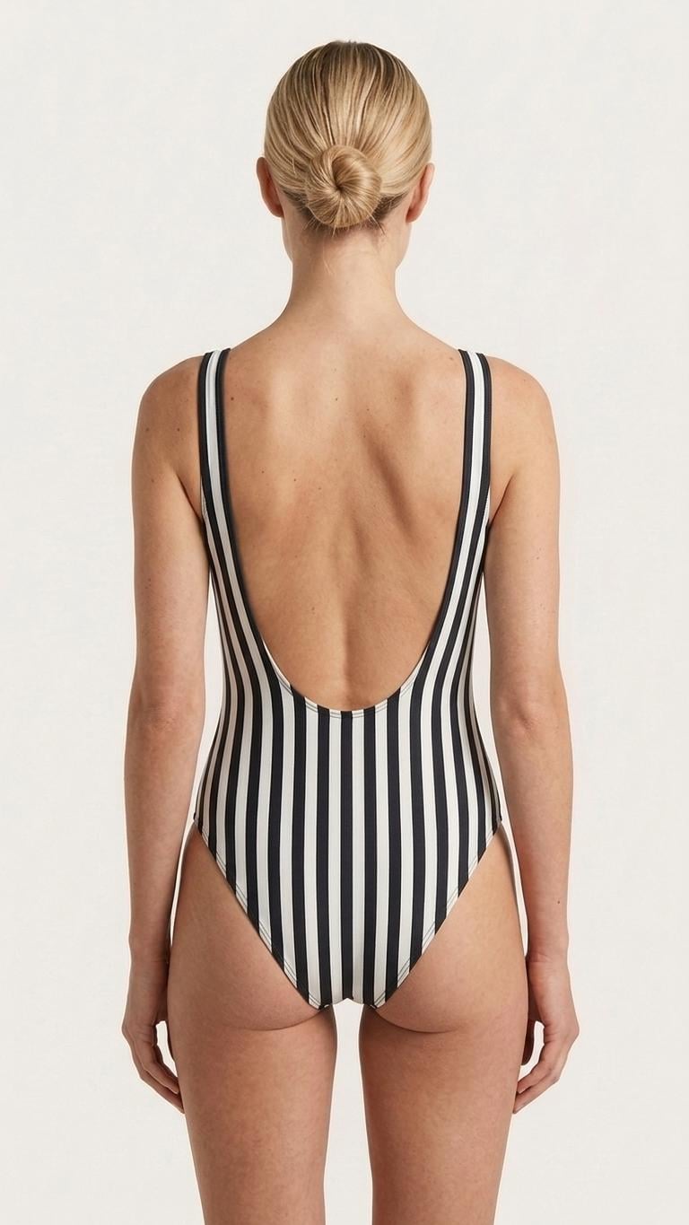 Nautical Coastal Striped Backless One-Piece Swimsuit | High-Cut, Scoop-Neck Swimwear | Black