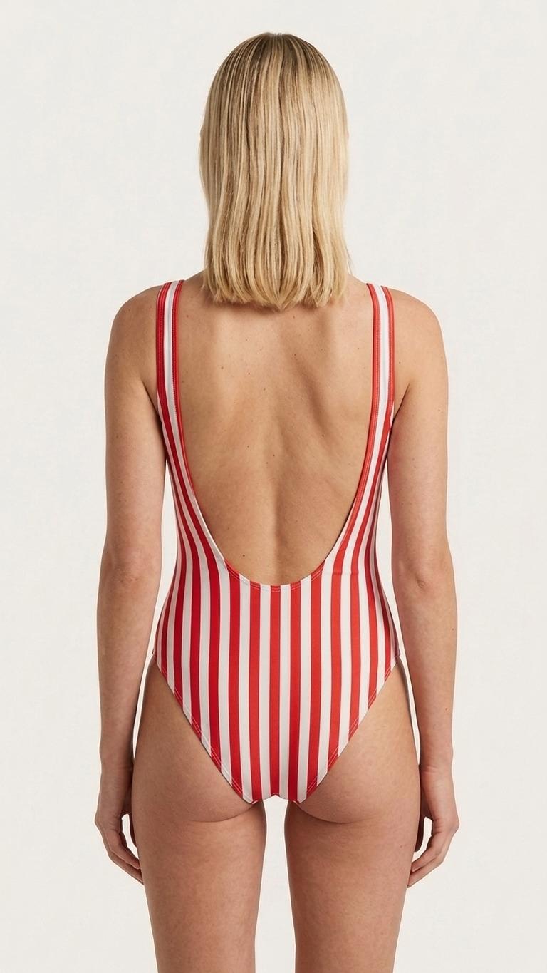 Nautical Coastal Striped Backless One-Piece Swimsuit | High-Cut, Scoop-Neck Swimwear | Red