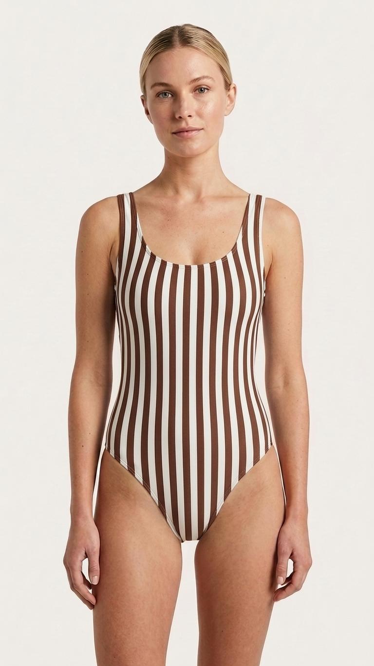 Nautical Coastal Striped Backless One-Piece Swimsuit | High-Cut, Scoop-Neck Swimwear | Brown