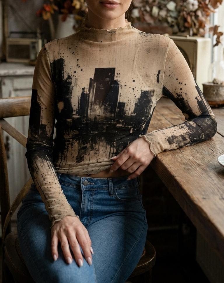 Women’s Retro Mesh Top, Sheer Long-Sleeve Shirt, Vintage-Inspired Statement Tee - Grunge Cityscape