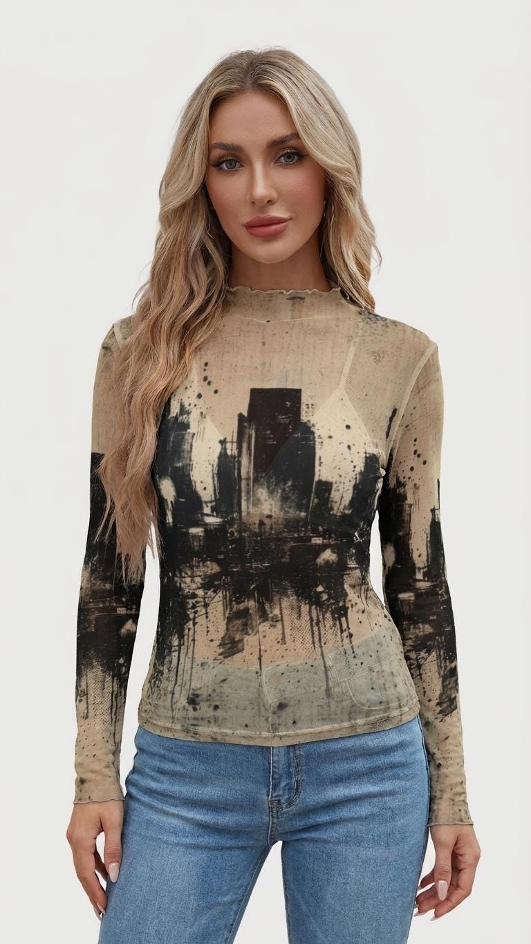 Women’s Retro Mesh Top, Sheer Long-Sleeve Shirt, Vintage-Inspired Statement Tee - Grunge Cityscape