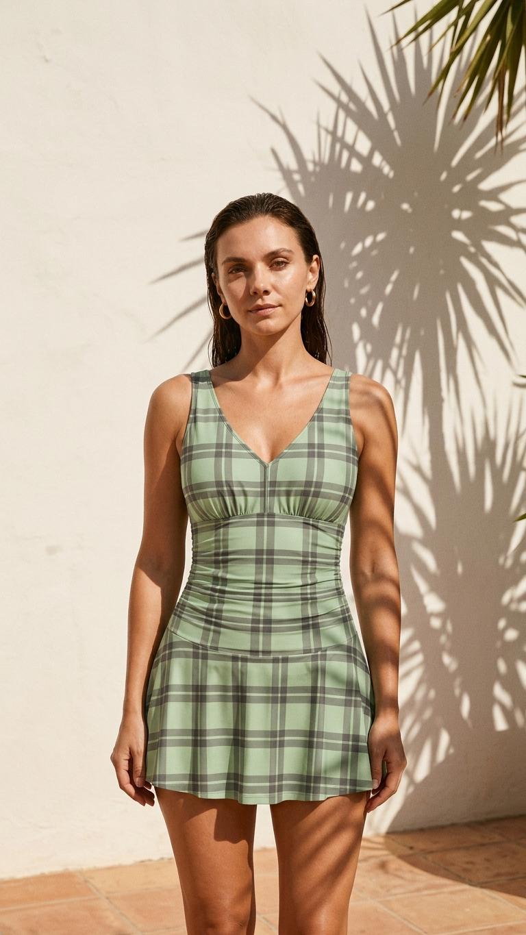Retro Pleated Swim Dress with Matching Boyshort Bottoms, Vintage-Inspired Modest Tankini, Mint Plaid