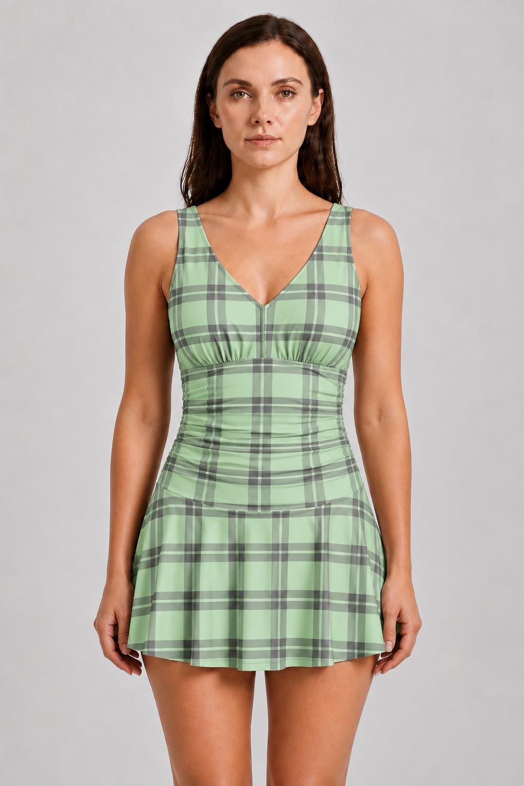 Retro Pleated Swim Dress with Matching Boyshort Bottoms, Vintage-Inspired Modest Tankini, Mint Plaid