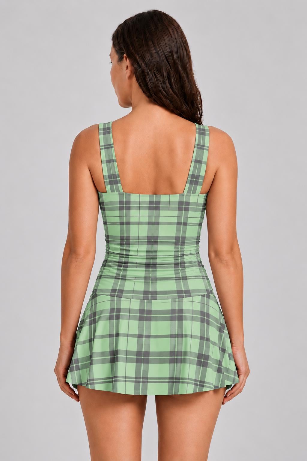 Retro Pleated Swim Dress with Matching Boyshort Bottoms, Vintage-Inspired Modest Tankini, Mint Plaid