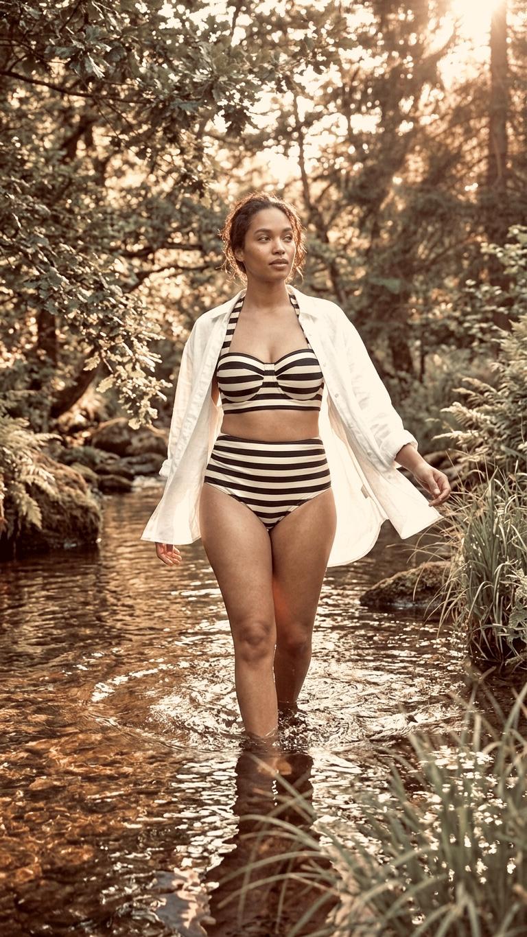 Country-Chic Retro Sweetheart High-Waist Bikini, Vintage-Inspired Pin-Up Halter Swimsuit, Black & Ivory Striped