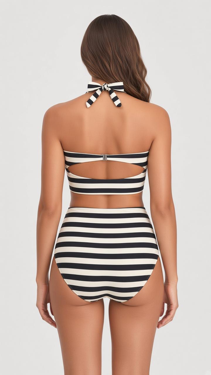 Country-Chic Retro Sweetheart High-Waist Bikini, Vintage-Inspired Pin-Up Halter Swimsuit, Black & Ivory Striped
