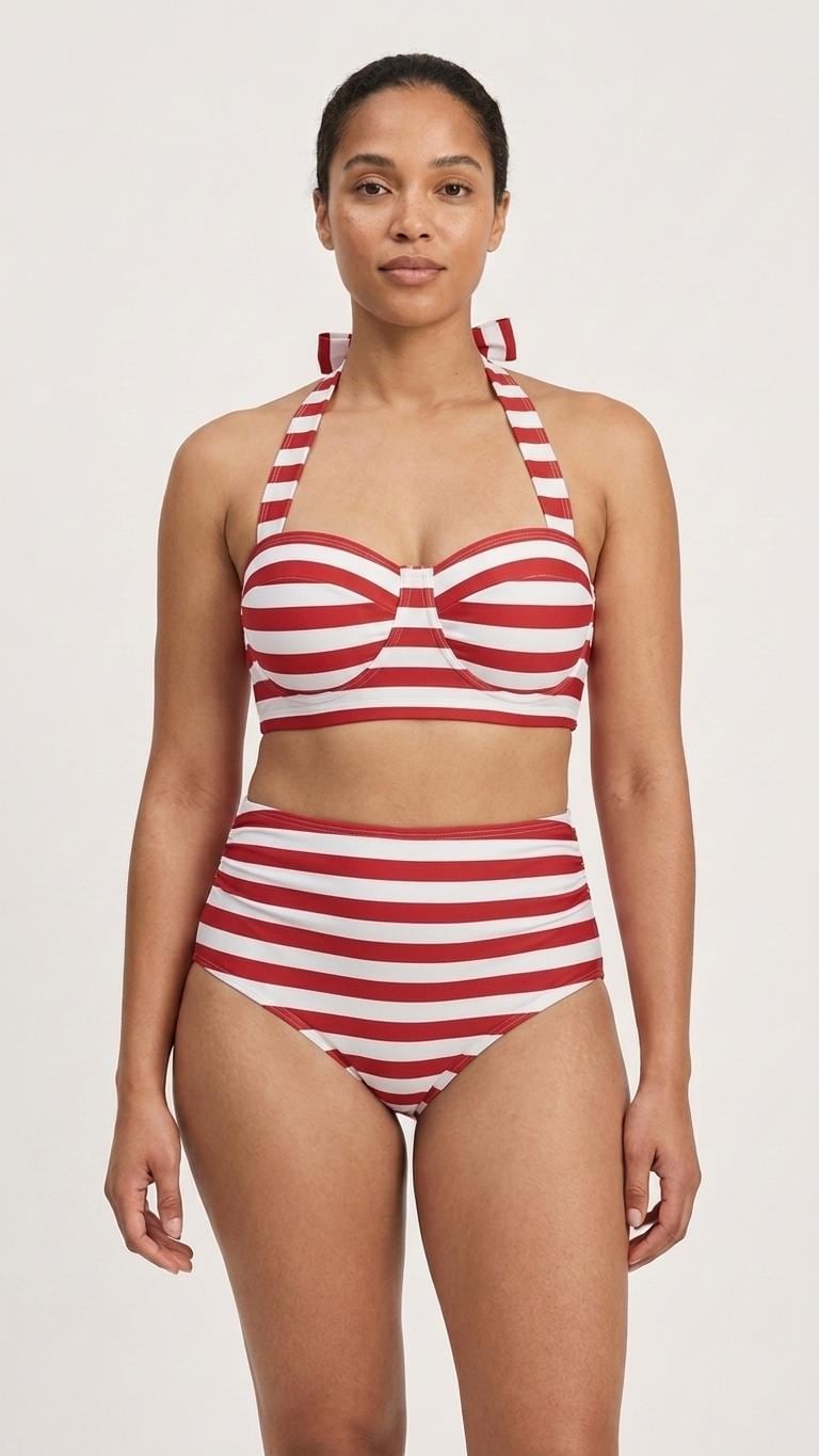 Country-Chic Retro Sweetheart High-Waist Bikini, Vintage-Inspired Pin-Up Halter Swimsuit, Red & Ivory Striped