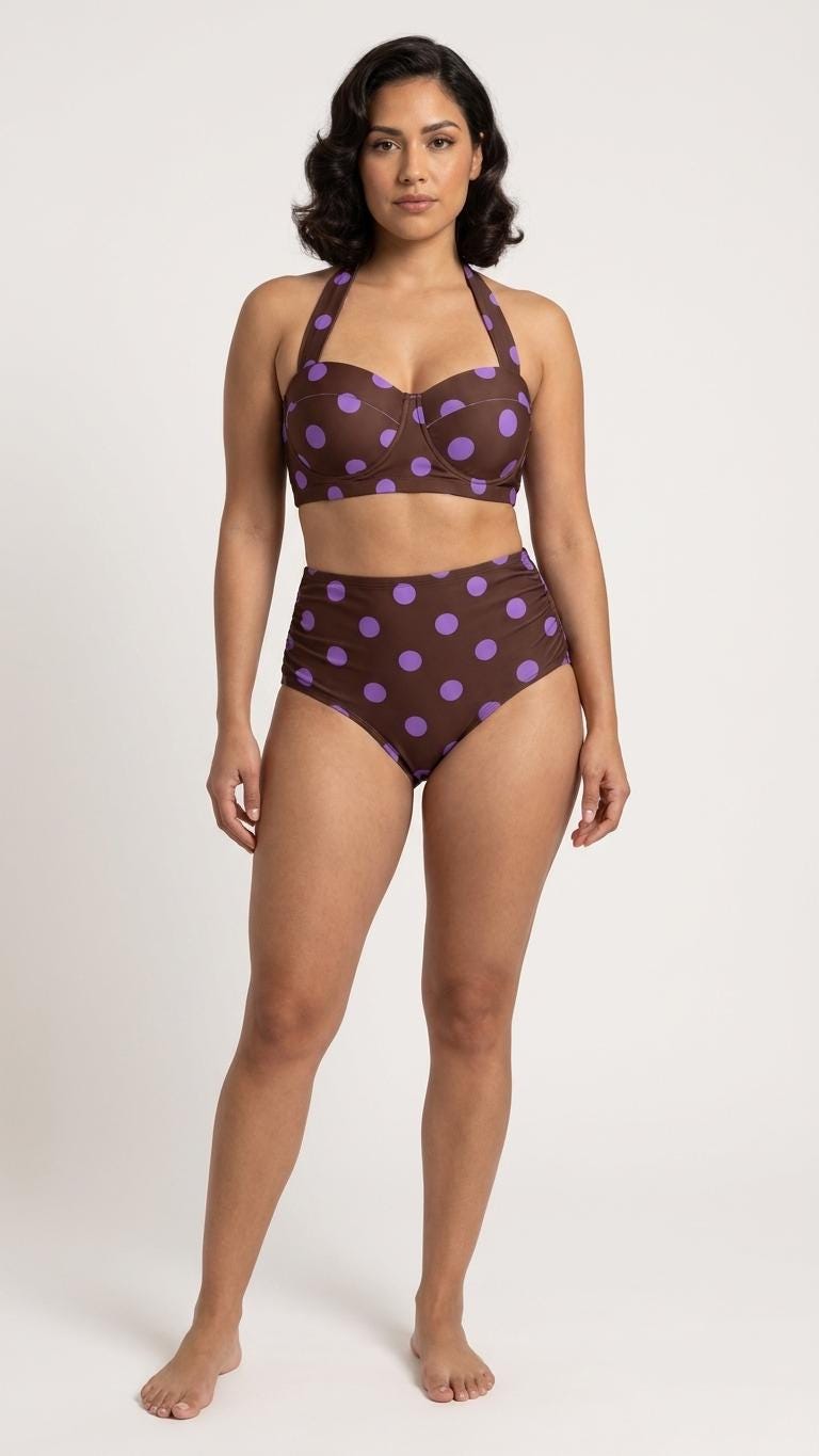 Country-Chic Retro Sweetheart High-Waist Bikini, Vintage-Inspired Pin-Up Halter Swimsuit, Periwinkle & Maroon Polka Dot