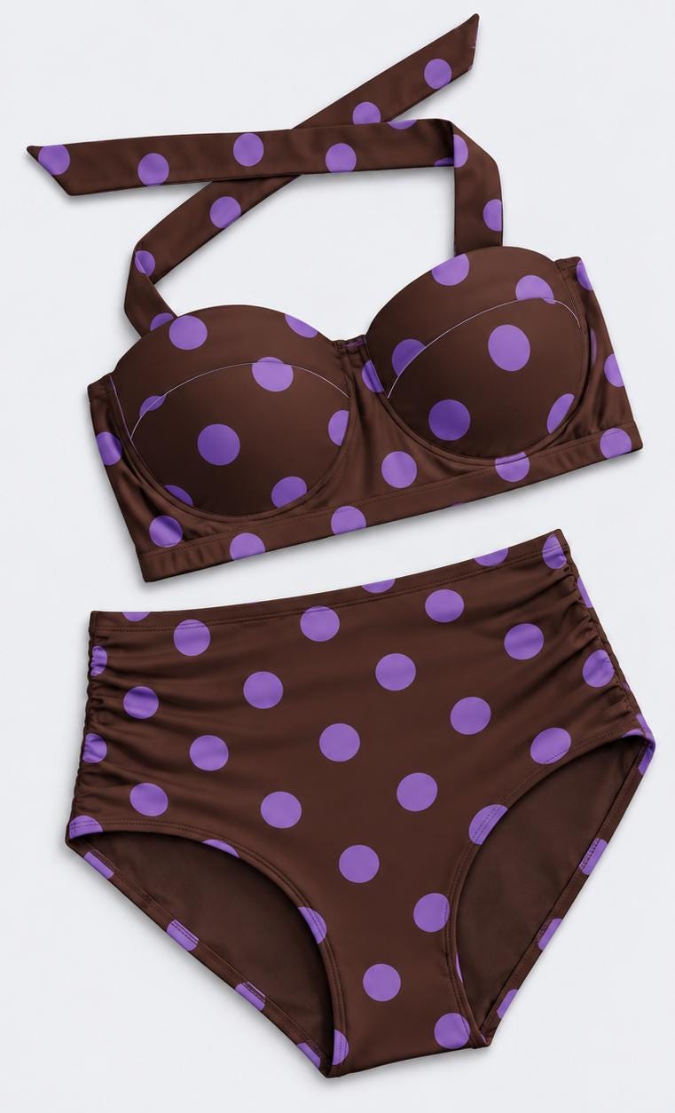 Country-Chic Retro Sweetheart High-Waist Bikini, Vintage-Inspired Pin-Up Halter Swimsuit, Periwinkle & Maroon Polka Dot