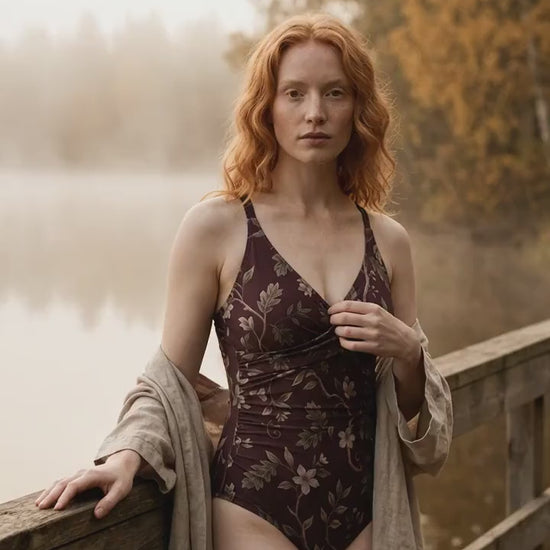Retro One-Piece Swimsuit, Ruched Wrap-Front Bathing Suit, Cross Strap Swimwear, Brown Vintage Florals