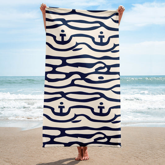 Vampire Art Anchor and Waves Nautical Pattern in Coral Pink Beach Towel