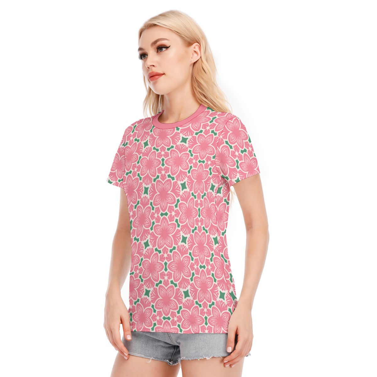 Vampire Art Pink Retro Sixties Surf Floral Women's Round Neck T-Shirt | 190GSM Cotton