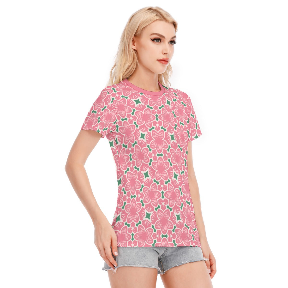 Vampire Art Pink Retro Sixties Surf Floral Women's Round Neck T-Shirt | 190GSM Cotton