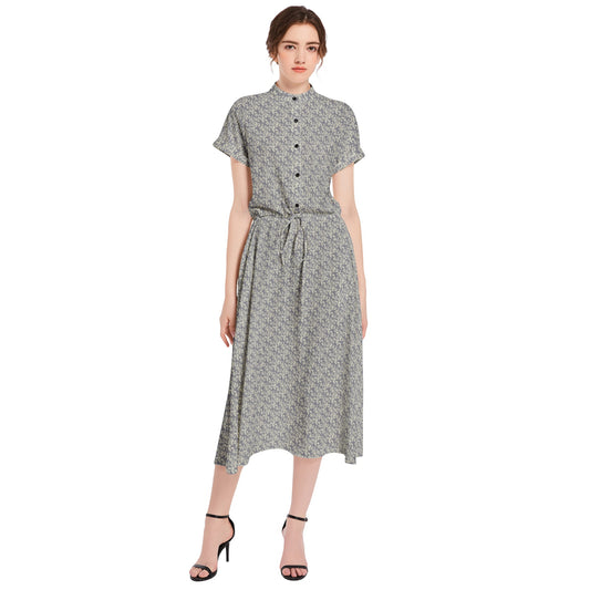 Vampire Art Retro French-style A-line Drawstring Flared Casual Midi Dress - Grey Retro Flowers