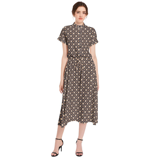 Vampire Art Retro French-style A-line Drawstring Flared Casual Midi Dress - Seventies Floral Brown