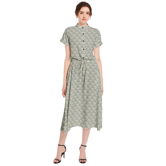Vampire Art Retro French-style A-line Drawstring Flared Casual Midi Dress - Grey Victorian Little Flowers