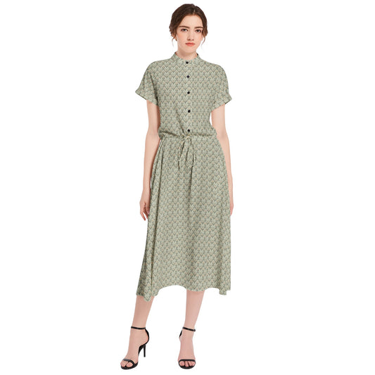 Vampire Art Retro French-style A-line Drawstring Flared Casual Midi Dress - Ancient Khaki Floral
